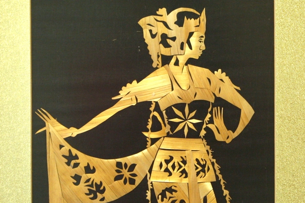 1960's Bamboo Cut-Out Framed Art Asian Woman in Robe Black Wooden Frame