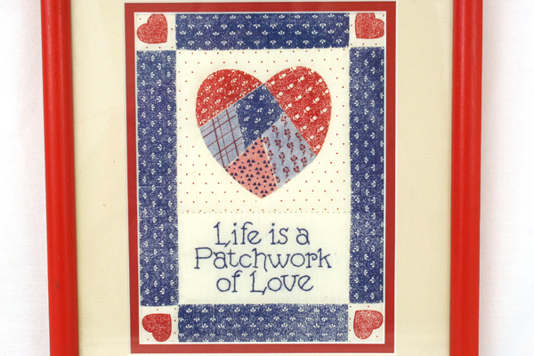 Life Is A Patchwork of Love Quilt Fabric Cream-Colored Matted Red Frame 10 x 13