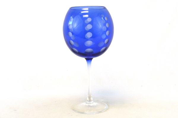 9.25" Tall Blue Crystal Art Deco Brandy Or Wine Glass With Etched Dots