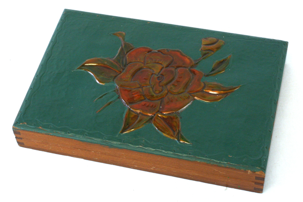 Hand Made Card Box With A Green Lid Containing An Orange Rose