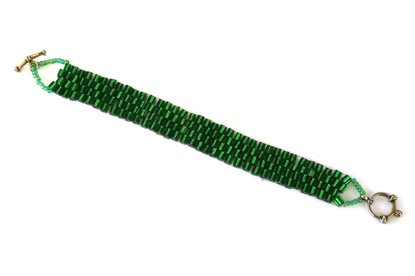 Handmade Green Glass Beaded Bracelet w Toggle Clasp