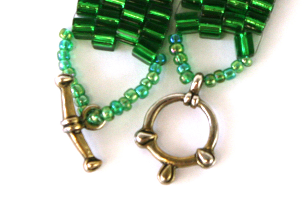 Handmade Green Glass Beaded Bracelet w Toggle Clasp