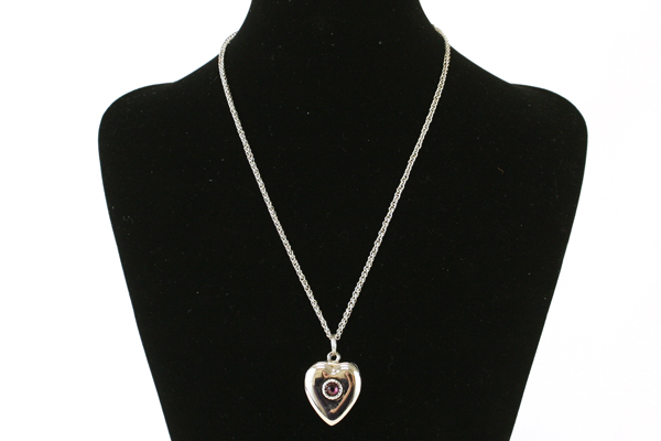 18" Silver Tone w Purple Rhinestone Magnetic Heart Locket