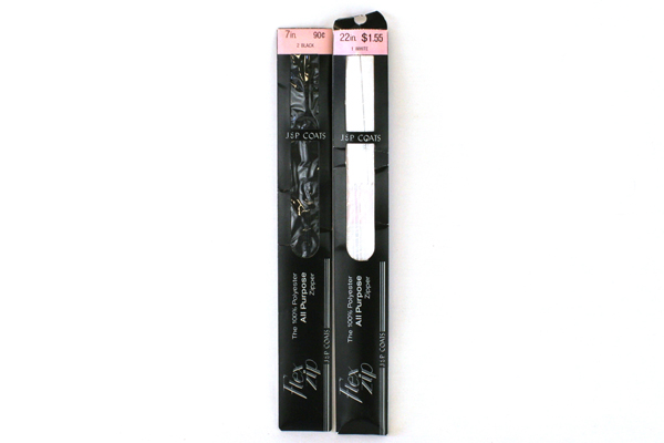 Lot Of Two J.P. Coats Polyester Zippers Black 7"/ White 22" All Purpose Flexzip