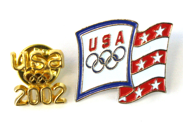 Lot of 2 USA Olympics Lapel Pins - Aminco Flag Pin & Gold Tone USA 2002 Pin