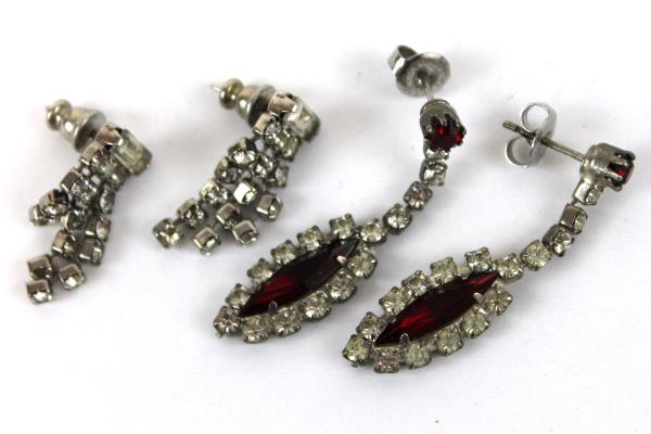 2 Vtg Holiday Costume Earrings Ruby Tone Marquis & Triple Tiered Rhinestone