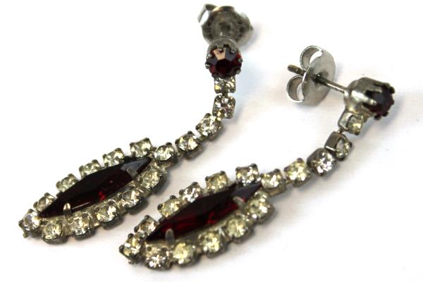 2 Vtg Holiday Costume Earrings Ruby Tone Marquis & Triple Tiered Rhinestone