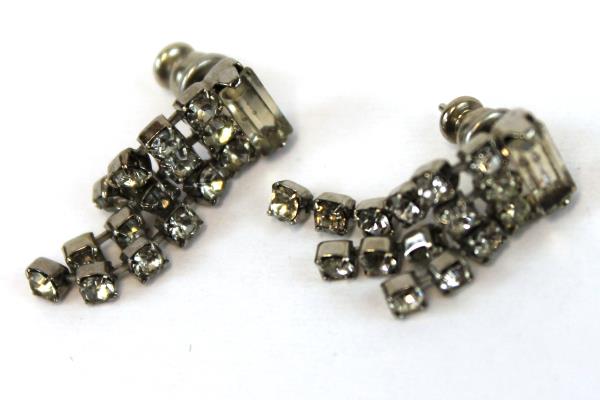 2 Vtg Holiday Costume Earrings Ruby Tone Marquis & Triple Tiered Rhinestone