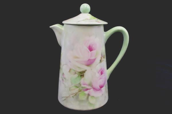 Pastel Green Porcelain 8" Tall Coffee Pot with Pink Floral Design Artist Signed