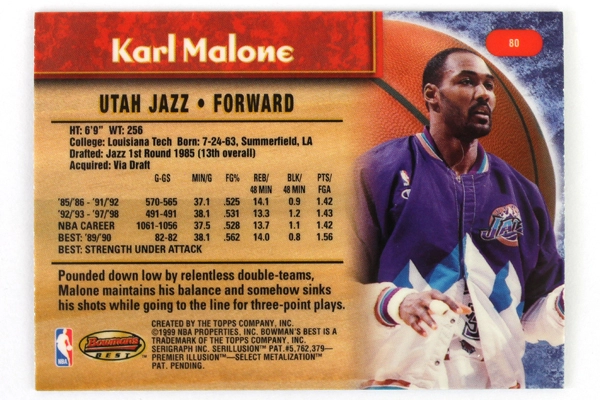 1999 Bowman's Best Karl Malone Utah Jazz Topps NBA Basketball Card No. 80 of 100