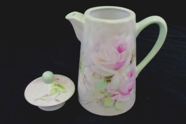 Pastel Green Porcelain 8" Tall Coffee Pot with Pink Floral Design Artist Signed