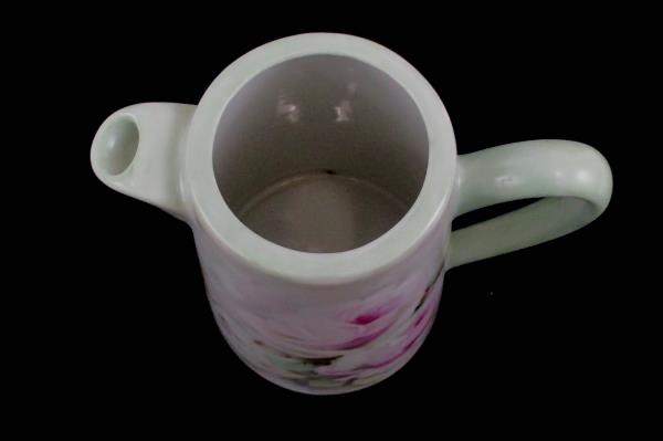 Pastel Green Porcelain 8" Tall Coffee Pot with Pink Floral Design Artist Signed