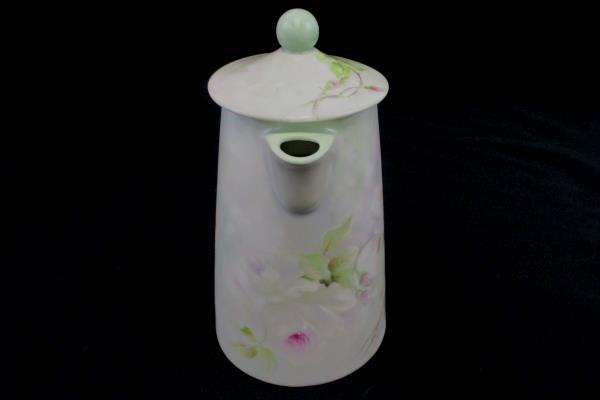 Pastel Green Porcelain 8" Tall Coffee Pot with Pink Floral Design Artist Signed