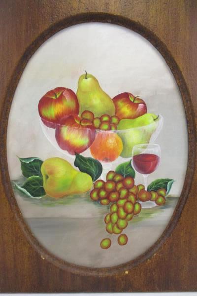 Still Life Fruit Wine Acrylic Painting on Canvas Framed Oval Signed by Carol