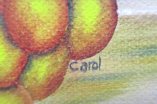Still Life Fruit Wine Acrylic Painting on Canvas Framed Oval Signed by Carol