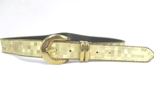 Vintage Elite 1980's Gold Tone Checkered 1" Belt #1195 Beaded Trim Gold Buckle