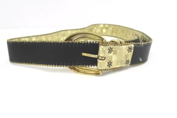 Vintage Elite 1980's Gold Tone Checkered 1" Belt #1195 Beaded Trim Gold Buckle