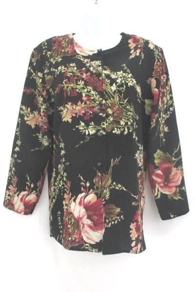 Black Blouse Floral Button Up Women's Petite Medium by Maggie Sweet ~VTG