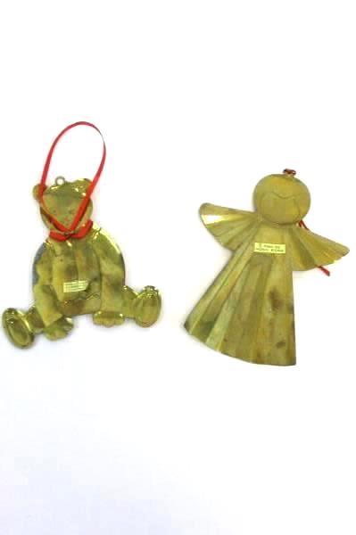Lot of 2 Vintage Dept 56 Brass Hanging Ornaments Teddy Bear Angel Hong Kong
