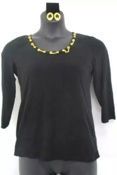 Jones NY Signature Large Blouse Gold Chain Embellished w Clip on Dangle Earrings