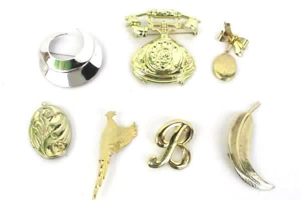 Lot of Vintage Brooch Pins Lockets Gold Silver Tone Telephone Sarah Cov Moon