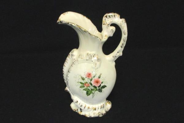 Ceramic Pottery 8.5" May Signed Pitcher Vase Gold Glazed Rim Rose Cream Colored