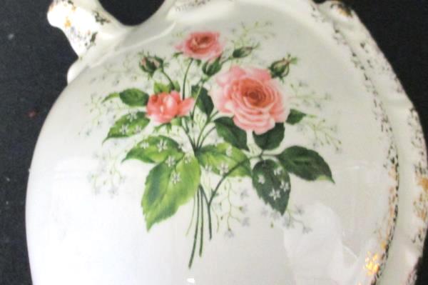 Ceramic Pottery 8.5" May Signed Pitcher Vase Gold Glazed Rim Rose Cream Colored