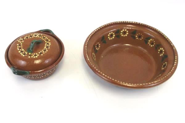 2 Southwestern Style Brown Green Floral Ceramic Pottery Serving Bowl Handmade