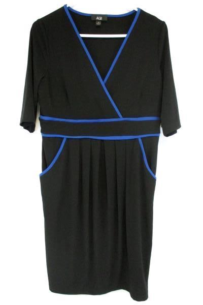 AGB Black Blue Trim Faux Wrap V Neck Dress Sheath Pleated Waist Pockets Women 12