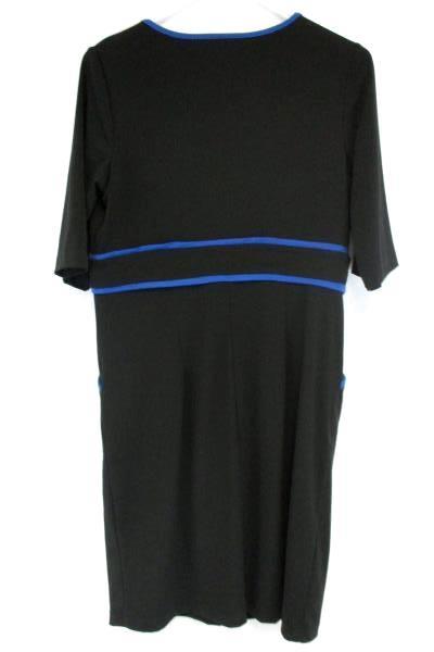AGB Black Blue Trim Faux Wrap V Neck Dress Sheath Pleated Waist Pockets Women 12
