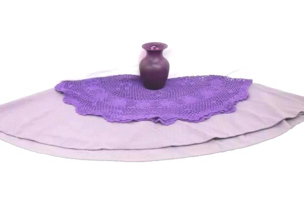 Purple Glass Vase and Round Tablecloth Plus Crochet Doiley Set Home Table Decor