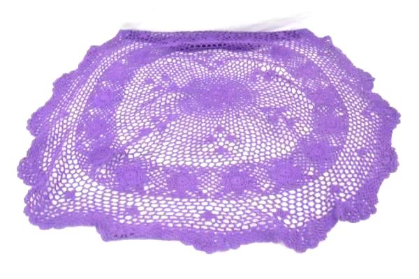Purple Glass Vase and Round Tablecloth Plus Crochet Doiley Set Home Table Decor