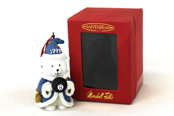Marshall Fields 1999 Dayton Hudson Resin White Bear with 8 Ball Ornament In Box