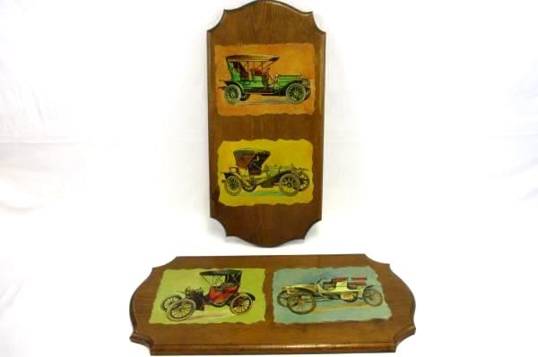 Set of 2 Wood Vintage Antique Car Plaque Wall Display Decoupage