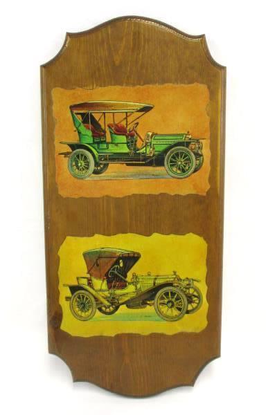 Set of 2 Wood Vintage Antique Car Plaque Wall Display Decoupage