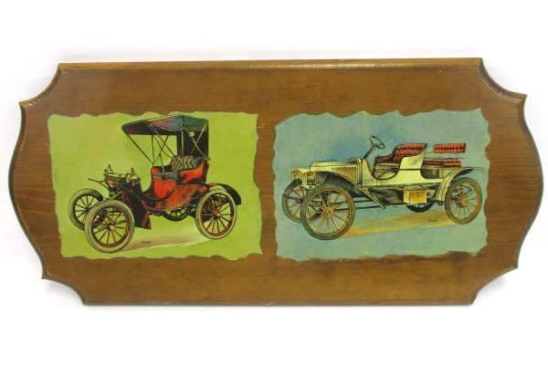 Set of 2 Wood Vintage Antique Car Plaque Wall Display Decoupage