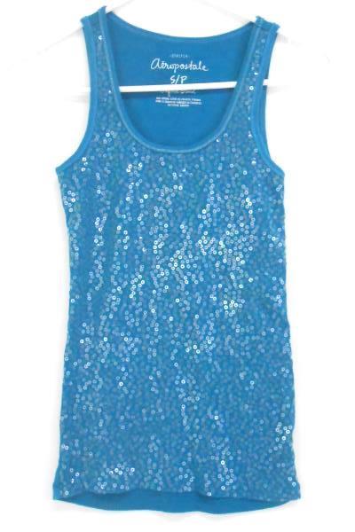 Women's Casual Outfit AEO Artist Crop Denim Pant Sz 2 Aero Teal Sequin Tank Sz S