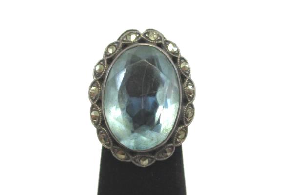 1918-30s Uncas Signed Sterling Marcasite Light Sapphire Glass Stone Ring Size 2