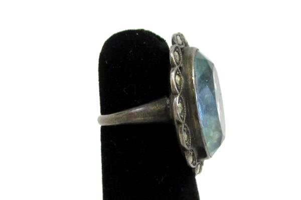 1918-30s Uncas Signed Sterling Marcasite Light Sapphire Glass Stone Ring Size 2