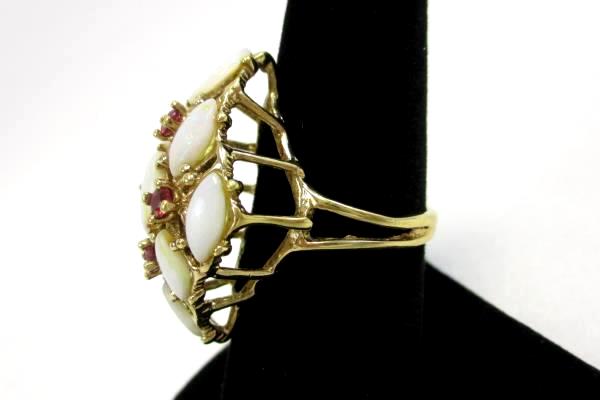 Uncas Signed Diamond Shape Cluster Ring 18K HGE Exquisite Faux Opal Pink Stone 8