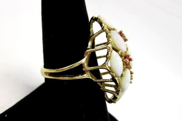 Uncas Signed Diamond Shape Cluster Ring 18K HGE Exquisite Faux Opal Pink Stone 8