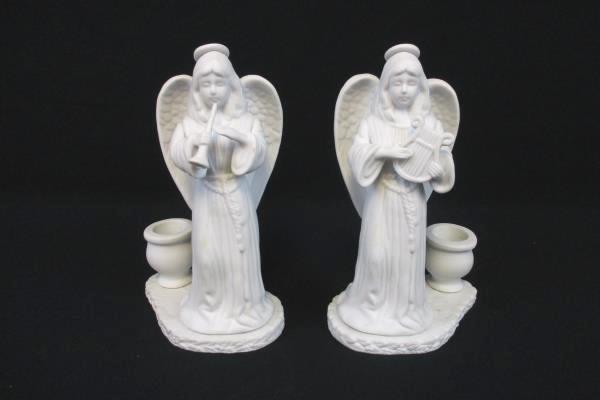 Set Of 2 Flintlock Inc. 1991 Angels With Harp Horn Taper Candles 7"