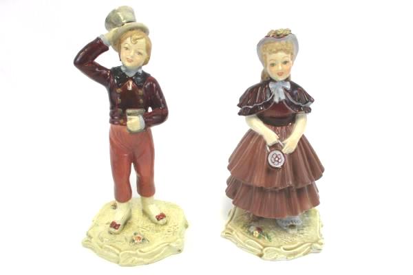 Lot of 2 Victorian Chalk Ware Figurines Girl Boy Sundays Child Signed Crown 745