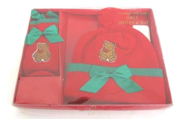 Girls Winter Accessories 2 Piece Knit Hat Gloves Set Teddy Bear Red NIP
