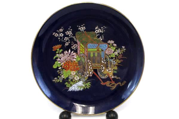 Kutani Cobalt Enamel Collector Plate Floral with Rickshaw Excellent Condition
