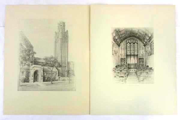 Set of 2 Vintage Hilton Chapel Drawing Art Chas E. Dewitz 1935 14" x 11"