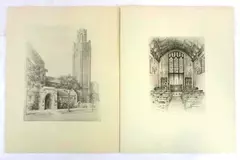 Set of 2 Vintage Hilton Chapel Art Drawings Chas E. Dewitz 1935 14 x 11