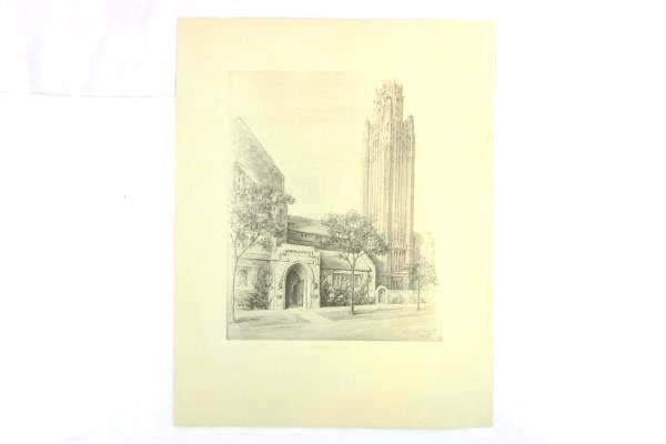 Set of 2 Vintage Hilton Chapel Drawing Art Chas E. Dewitz 1935 14" x 11"