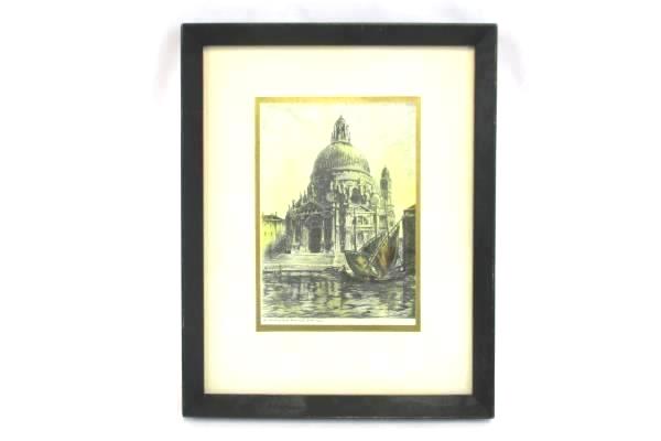 Antique Etching Venice Sant Maria della Salute Church Gondolas Art Print Framed