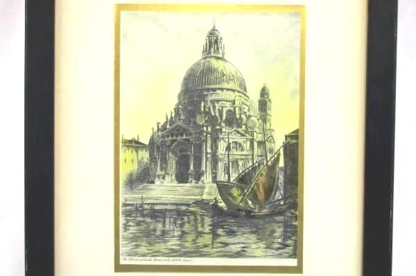 Antique Etching Venice Sant Maria della Salute Church Gondolas Art Print Framed